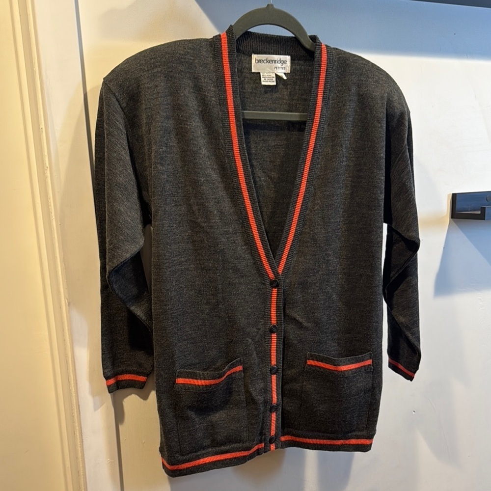 Breckenridge Gray and Red Cardigan Sweater V-Neck